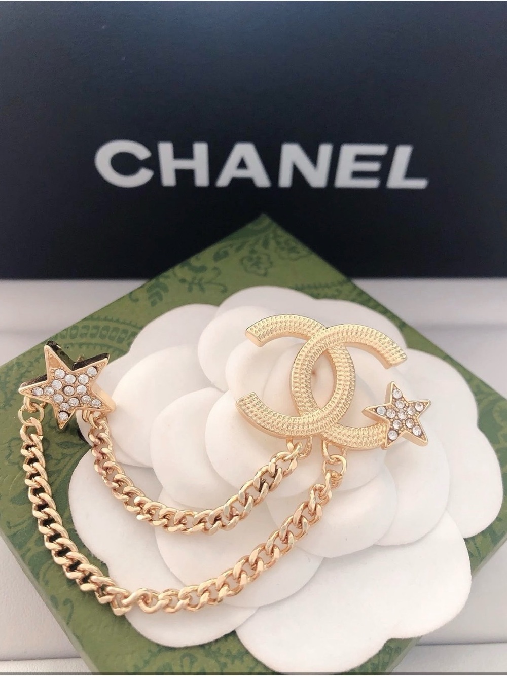 Designer Inspired Gold Tone CCC Logo and Crystal Star Double Chain Brooch